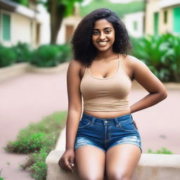 Generate an image of a light dark-skinned Indian girl wearing a tank top and shorts