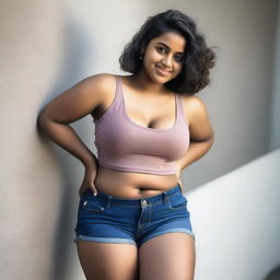 Generate an image of a light dark-skinned Indian girl wearing a tank top and shorts