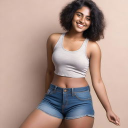 Generate an image of a light dark-skinned Indian girl wearing a tank top and shorts