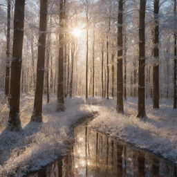 An enchanting forest filled with trees coated in glistening sugar, reflecting the radiant sun.