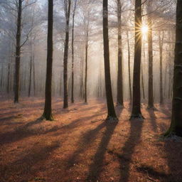 An enchanting forest filled with trees coated in glistening sugar, reflecting the radiant sun.