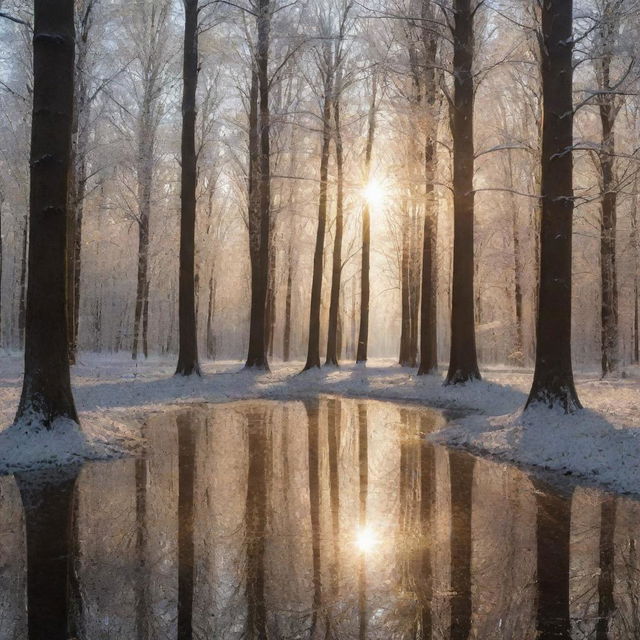 An enchanting forest filled with trees coated in glistening sugar, reflecting the radiant sun.