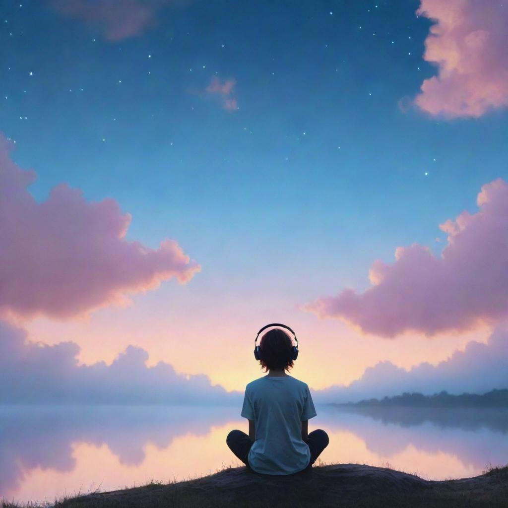 Create an ethereal image of a person peacefully listening to calming lofi music, seamlessly connected to the serene skyscape.