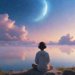 Create an ethereal image of a person peacefully listening to calming lofi music, seamlessly connected to the serene skyscape.