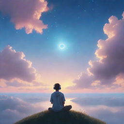 Create an ethereal image of a person peacefully listening to calming lofi music, seamlessly connected to the serene skyscape.