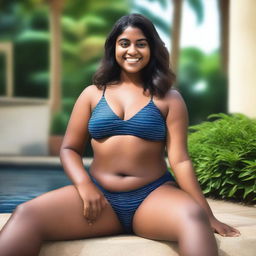 Generate an image of a light dark-skinned Indian girl wearing a swimsuit