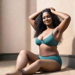 Generate an image of a light dark-skinned Indian girl wearing a swimsuit