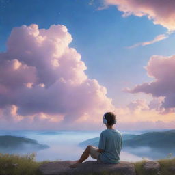 Create an ethereal image of a person peacefully listening to calming lofi music, seamlessly connected to the serene skyscape.