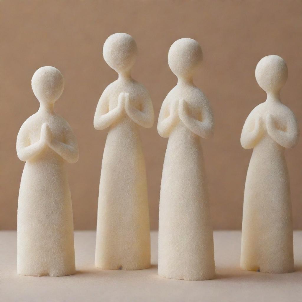 Groups of joyful, delicate sugar sculptures shaped like people, standing in various everyday poses, bathed in soft, warm light.