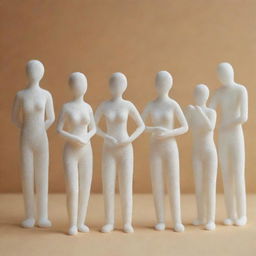 Groups of joyful, delicate sugar sculptures shaped like people, standing in various everyday poses, bathed in soft, warm light.