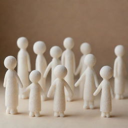 Groups of joyful, delicate sugar sculptures shaped like people, standing in various everyday poses, bathed in soft, warm light.