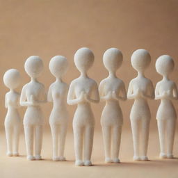 Groups of joyful, delicate sugar sculptures shaped like people, standing in various everyday poses, bathed in soft, warm light.