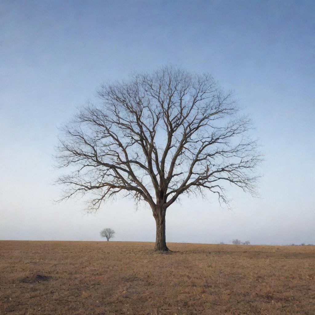 A solitary, naked tree standing tall in the middle of a vast field with bare branches reaching for the crisp, cool sky.