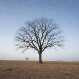 A solitary, naked tree standing tall in the middle of a vast field with bare branches reaching for the crisp, cool sky.