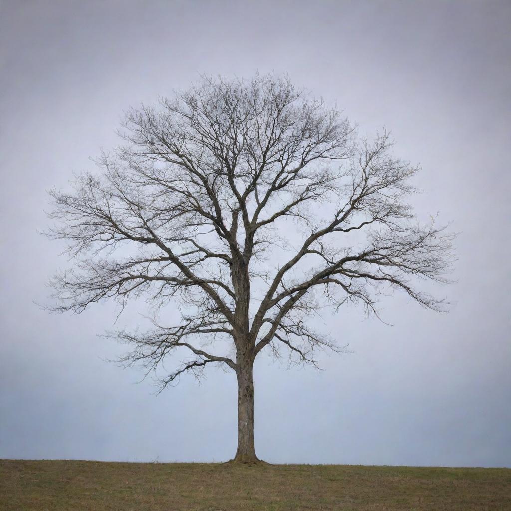 A solitary, naked tree standing tall in the middle of a vast field with bare branches reaching for the crisp, cool sky.