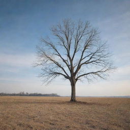 A solitary, naked tree standing tall in the middle of a vast field with bare branches reaching for the crisp, cool sky.