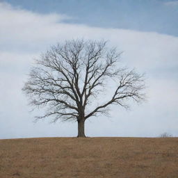 A solitary, naked tree standing tall in the middle of a vast field with bare branches reaching for the crisp, cool sky.