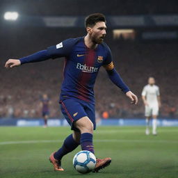 A gaming character designed after Lionel Messi, showcasing his striking football skills and renowned agility in a stylized, futuristic game setting.