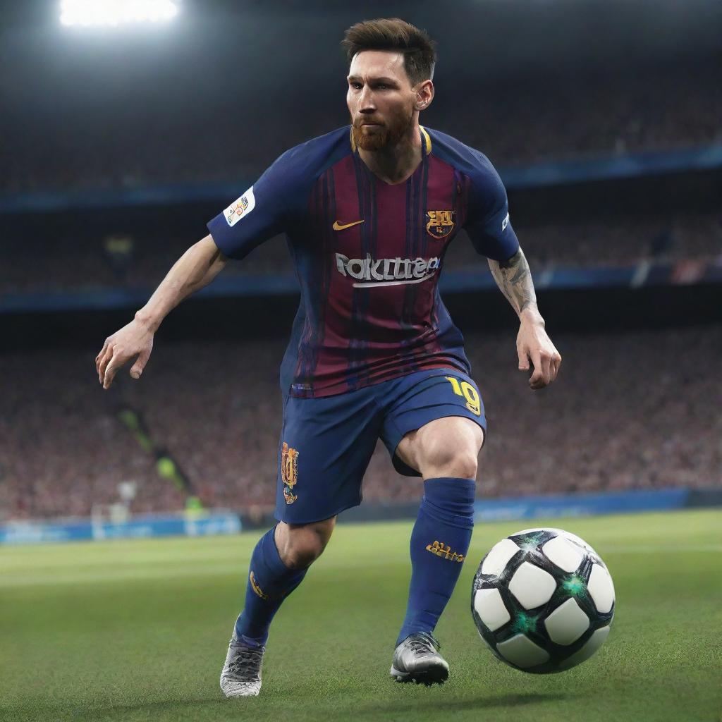 A gaming character designed after Lionel Messi, showcasing his striking football skills and renowned agility in a stylized, futuristic game setting.