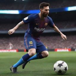 A gaming character designed after Lionel Messi, showcasing his striking football skills and renowned agility in a stylized, futuristic game setting.