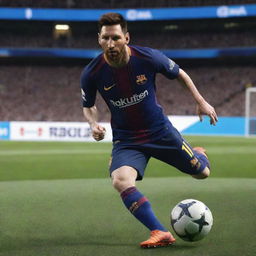 A gaming character designed after Lionel Messi, showcasing his striking football skills and renowned agility in a stylized, futuristic game setting.