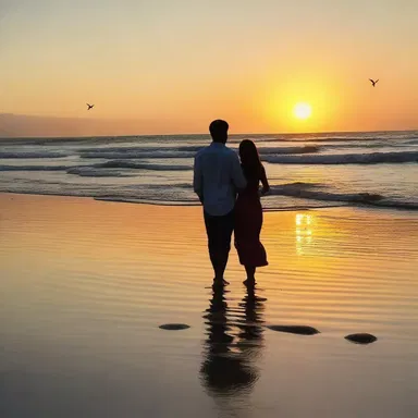 The captivating sunset on the beach set a romantic atmosphere for their evening stroll.