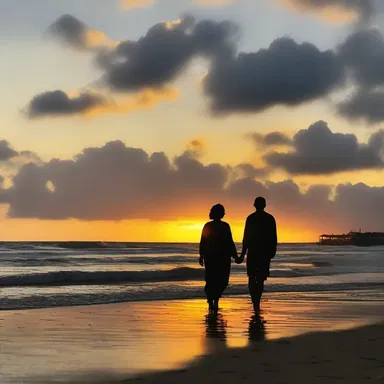 The captivating sunset on the beach set a romantic atmosphere for their evening stroll.