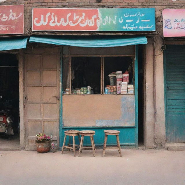 A Pakistani shop's rustic facade with an oddly misaligned signboard. It's a picture of carefree disorder with a wooden stool left casually on the dusty pavement, against the backdrop of hustle and bustle of the vibrant marketplace.