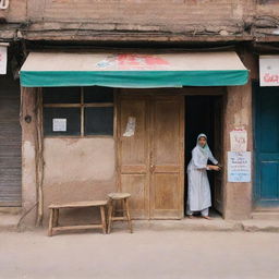 A Pakistani shop's rustic facade with an oddly misaligned signboard. It's a picture of carefree disorder with a wooden stool left casually on the dusty pavement, against the backdrop of hustle and bustle of the vibrant marketplace.