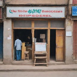 A Pakistani shop's rustic facade with an oddly misaligned signboard. It's a picture of carefree disorder with a wooden stool left casually on the dusty pavement, against the backdrop of hustle and bustle of the vibrant marketplace.