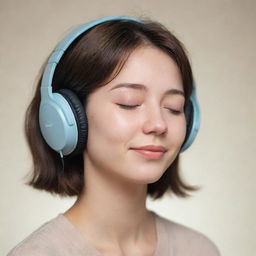 Create a lofi-style image focused on the face of a person peacefully listening to music, eyes closed, a small tear trickling down their cheek, adorning a gentle smile.