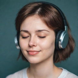 Create a lofi-style image focused on the face of a person peacefully listening to music, eyes closed, a small tear trickling down their cheek, adorning a gentle smile.