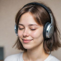 Create a lofi-style image focused on the face of a person peacefully listening to music, eyes closed, a small tear trickling down their cheek, adorning a gentle smile.