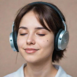 Create a lofi-style image focused on the face of a person peacefully listening to music, eyes closed, a small tear trickling down their cheek, adorning a gentle smile.