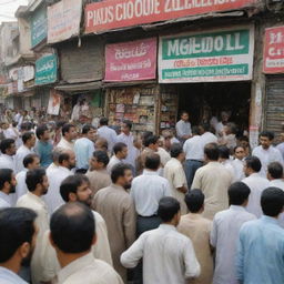 A chaotic scene at a traditional Pakistani shop. Its facade is cluttered with the misaligned shop sign and various goods piled haphazardly. Bystanders are engrossed in animated conversations, creating a sense of disarray against an enthralling urban backdrop.