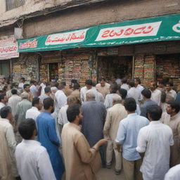 A chaotic scene at a traditional Pakistani shop. Its facade is cluttered with the misaligned shop sign and various goods piled haphazardly. Bystanders are engrossed in animated conversations, creating a sense of disarray against an enthralling urban backdrop.