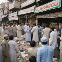 A chaotic scene at a traditional Pakistani shop. Its facade is cluttered with the misaligned shop sign and various goods piled haphazardly. Bystanders are engrossed in animated conversations, creating a sense of disarray against an enthralling urban backdrop.