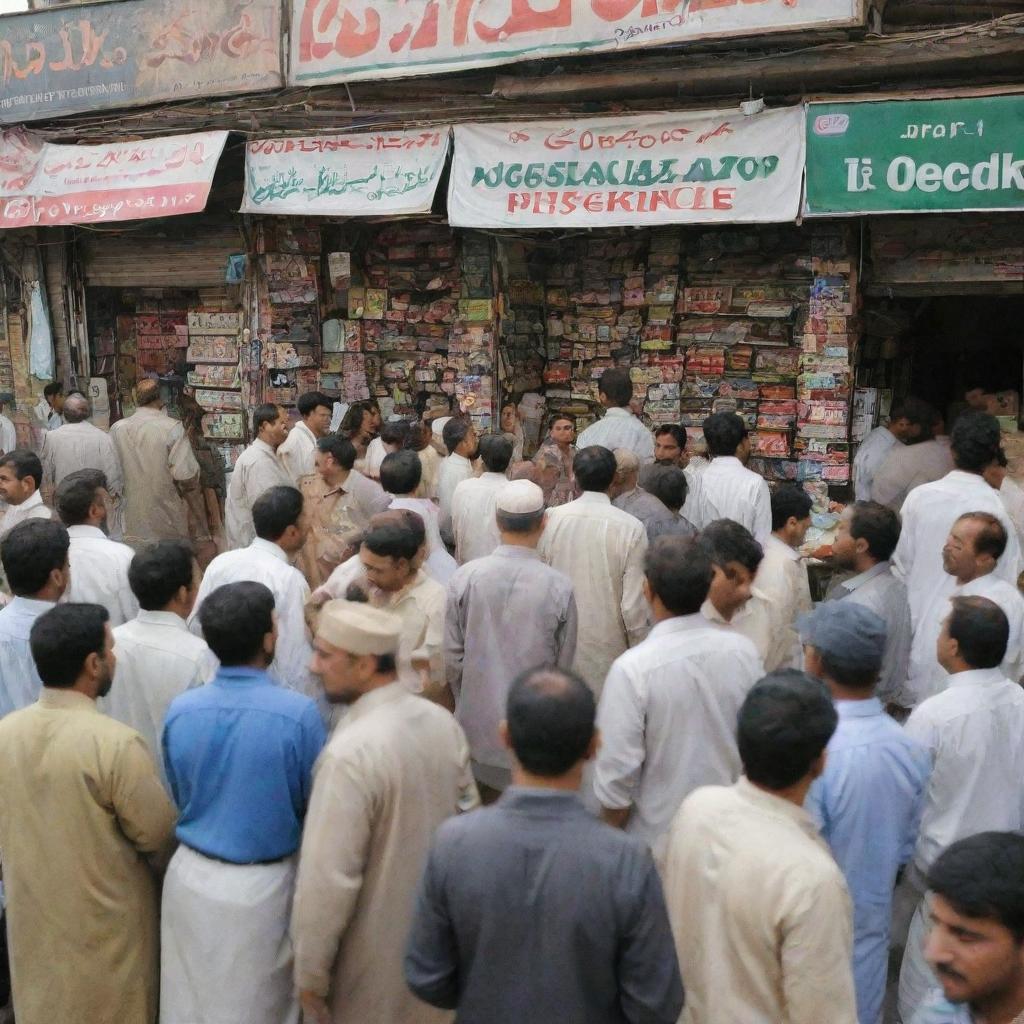 A chaotic scene at a traditional Pakistani shop. Its facade is cluttered with the misaligned shop sign and various goods piled haphazardly. Bystanders are engrossed in animated conversations, creating a sense of disarray against an enthralling urban backdrop.