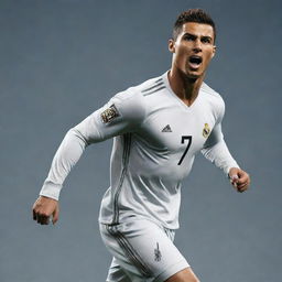 Create an image of Cristiano Ronaldo as a stylized video game character, brimming with athleticism and charisma.