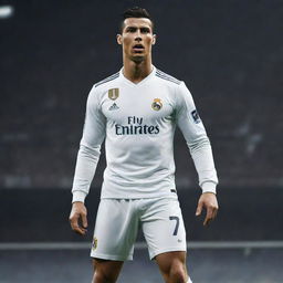 Create an image of Cristiano Ronaldo as a stylized video game character, brimming with athleticism and charisma.