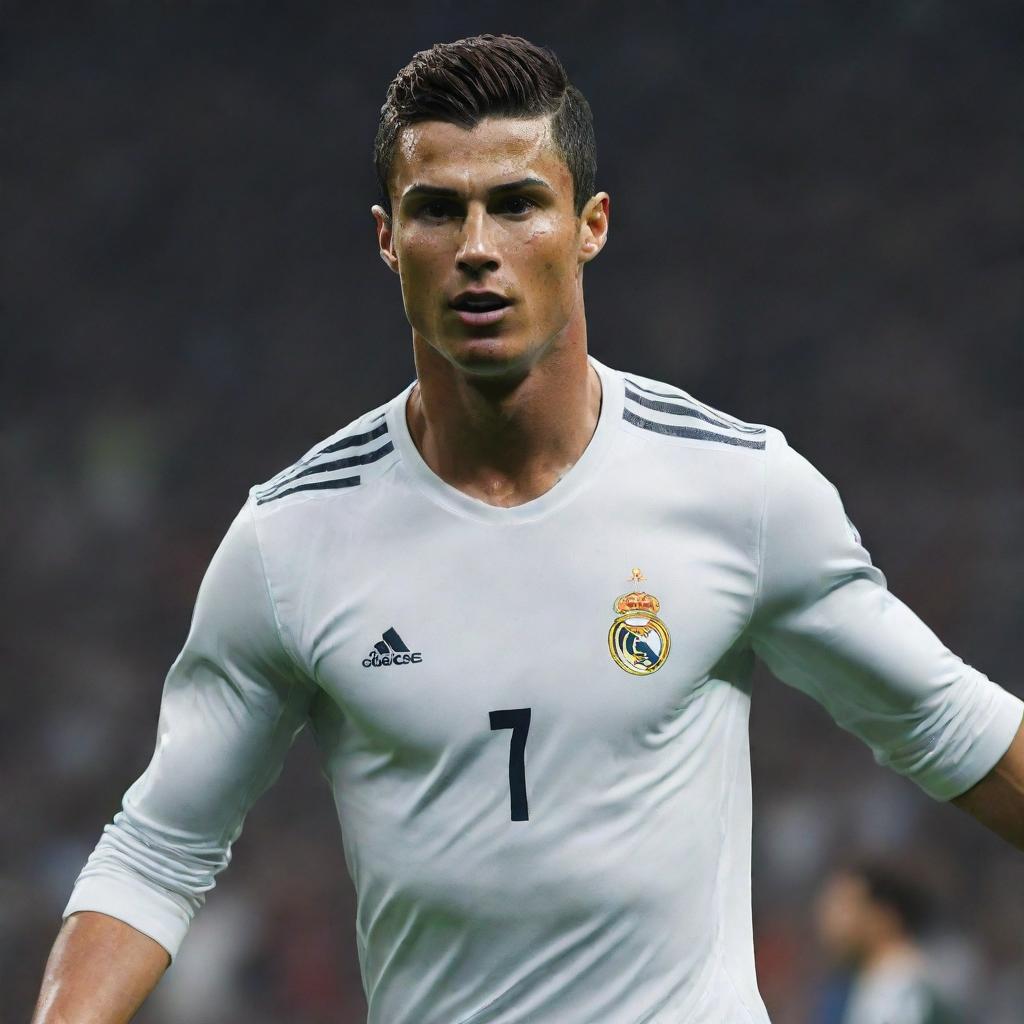 Create an image of Cristiano Ronaldo as a stylized video game character, brimming with athleticism and charisma.