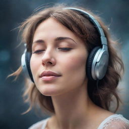 Create an ethereal image focused on the face of a person peacefully listening to music, eyes closed, tears streaming down their cheeks and a soft smile, as if they are amidst the heavens.