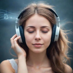 Create an ethereal image focused on the face of a person peacefully listening to music, eyes closed, tears streaming down their cheeks and a soft smile, as if they are amidst the heavens.