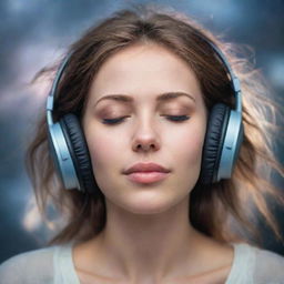 Create an ethereal image focused on the face of a person peacefully listening to music, eyes closed, tears streaming down their cheeks and a soft smile, as if they are amidst the heavens.