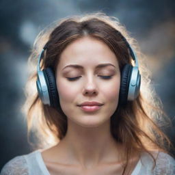 Create an ethereal image focused on the face of a person peacefully listening to music, eyes closed, tears streaming down their cheeks and a soft smile, as if they are amidst the heavens.