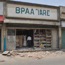 A Pakistani shop in disarray, its facade sign askew. Inside, the remnants of goods scattered, shelves overturned, and slight destruction indicating a recent upheaval or disturbance. Despite the chaos, traces of daily life persist.