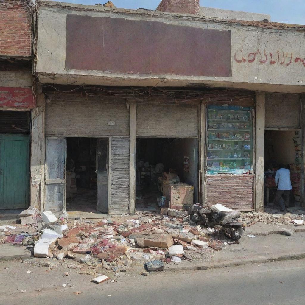 A Pakistani shop in disarray, its facade sign askew. Inside, the remnants of goods scattered, shelves overturned, and slight destruction indicating a recent upheaval or disturbance. Despite the chaos, traces of daily life persist.