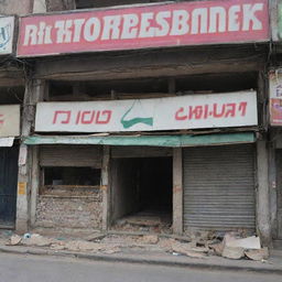 A Pakistani shop in disarray, its facade sign askew. Inside, the remnants of goods scattered, shelves overturned, and slight destruction indicating a recent upheaval or disturbance. Despite the chaos, traces of daily life persist.