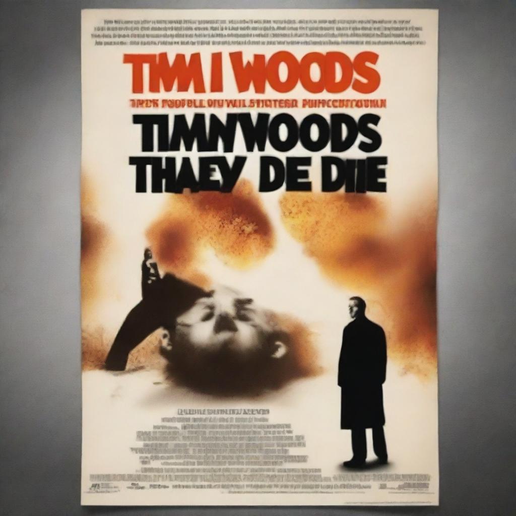 Create a movie poster for a fictional film titled "Tim Woods Must Die"