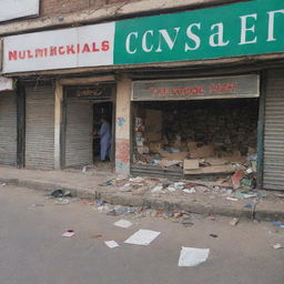 A Pakistani shop in disarray, its facade sign askew. Inside, the remnants of goods scattered, shelves overturned, and slight destruction indicating a recent upheaval or disturbance. Despite the chaos, traces of daily life persist.